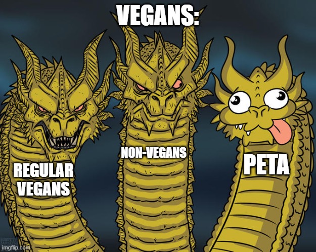 Vegans | VEGANS:; NON-VEGANS; PETA; REGULAR VEGANS | image tagged in three-headed dragon | made w/ Imgflip meme maker