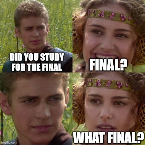 Has this ever happened to you? | DID YOU STUDY FOR THE FINAL; FINAL? WHAT FINAL? | image tagged in anakin padme 4 panel,school,relatable,so true | made w/ Imgflip meme maker