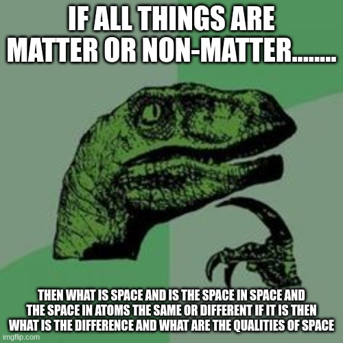 philosoraptor | IF ALL THINGS ARE MATTER OR NON-MATTER........ THEN WHAT IS SPACE AND IS THE SPACE IN SPACE AND THE SPACE IN ATOMS THE SAME OR DIFFERENT IF IT IS THEN WHAT IS THE DIFFERENCE AND WHAT ARE THE QUALITIES OF SPACE | image tagged in time raptor | made w/ Imgflip meme maker