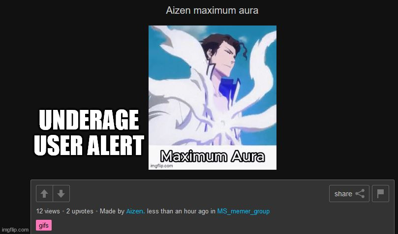 aizen is underage | UNDERAGE USER ALERT | image tagged in aizen is underage | made w/ Imgflip meme maker