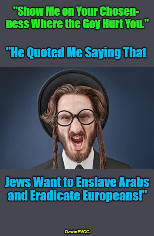 Imagine advocating violence upon an entire people but then also thinking that no one has any right to expose or oppose it. | "Show Me on Your Chosen- 

ness Where the Goy Hurt You."; "He Quoted Me Saying That; Jews Want to Enslave Arabs

and Eradicate Europeans!"; OzwinEVCG | image tagged in nonjewish people,jewish people,double standard,clown world,say what,reeeee | made w/ Imgflip meme maker