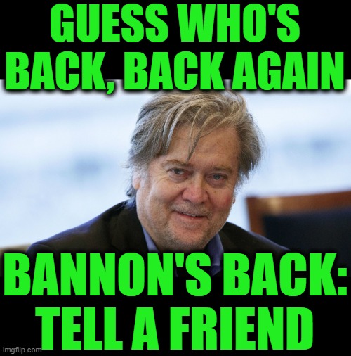 Guess Who's Back, Da-Na-Na, Na-Ne, Na-Ne, Na-Ne, Na-Ne, Na-Ne, Na-Ne, Na Da-Na-Na | GUESS WHO'S BACK, BACK AGAIN; BANNON'S BACK: TELL A FRIEND | image tagged in steve bannon | made w/ Imgflip meme maker