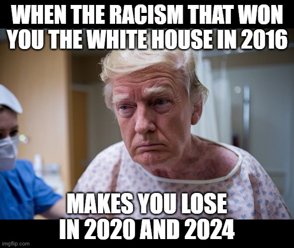 "It was a joke" the harpies screech, but he hasn't disavowed it, has he? | WHEN THE RACISM THAT WON YOU THE WHITE HOUSE IN 2016; MAKES YOU LOSE IN 2020 AND 2024 | image tagged in donald trump,racist,loser | made w/ Imgflip meme maker