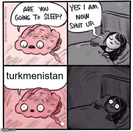 turkmenistan | turkmenistan | image tagged in insomnia brain can't sleep blank,turkey,turkmenistan | made w/ Imgflip meme maker