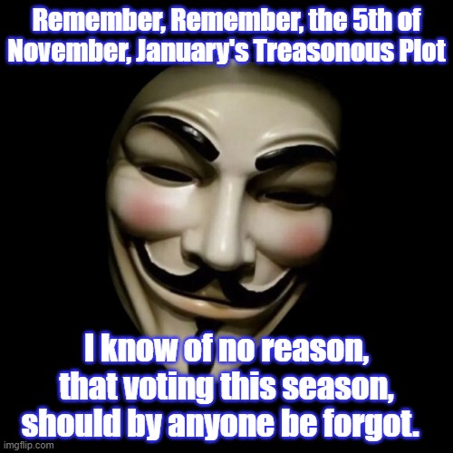 The Fifth of November | Remember, Remember, the 5th of November, January's Treasonous Plot; I know of no reason, that voting this season, should by anyone be forgot. | image tagged in guy fawkes,v for vendetta,november 5,november 5th,elections | made w/ Imgflip meme maker