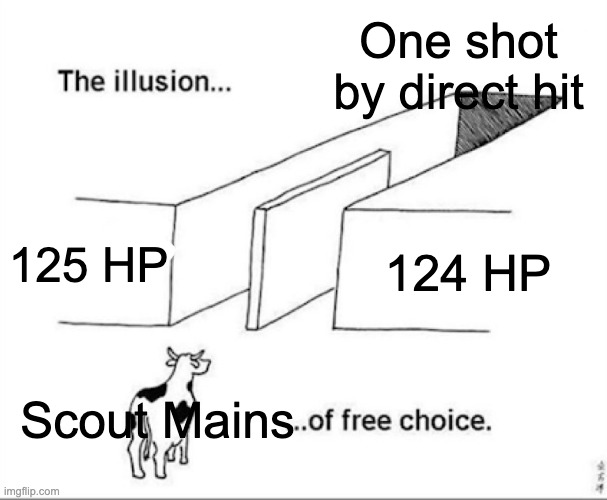 Illusion of free choice | One shot by direct hit; 125 HP; 124 HP; Scout Mains | image tagged in illusion of free choice | made w/ Imgflip meme maker