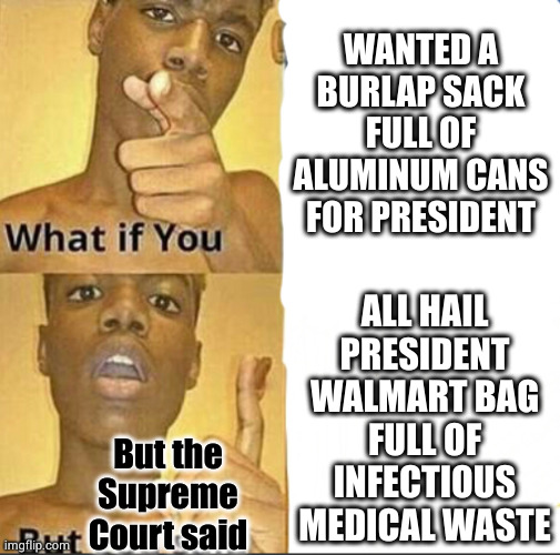 metaphor for the 2000 election, the current election cycle is too dark to joke about | WANTED A BURLAP SACK FULL OF ALUMINUM CANS FOR PRESIDENT; ALL HAIL
PRESIDENT
WALMART BAG
FULL OF
INFECTIOUS
MEDICAL WASTE; But the Supreme Court said | image tagged in what if you-but god said | made w/ Imgflip meme maker