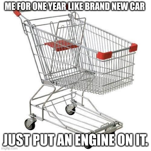 Would you drive it | ME FOR ONE YEAR LIKE BRAND NEW CAR; JUST PUT AN ENGINE ON IT. | image tagged in shopping cart | made w/ Imgflip meme maker