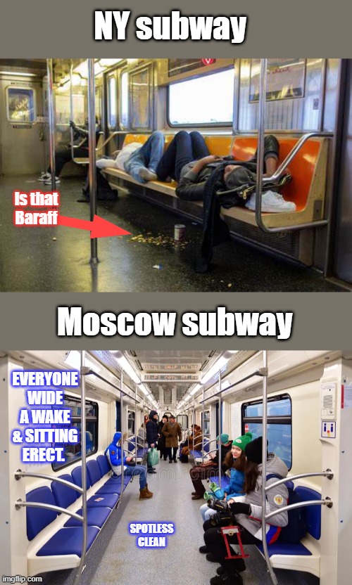 Gee look at that. | NY subway; Is that Baraff; Moscow subway; EVERYONE WIDE A WAKE & SITTING ERECT. SPOTLESS CLEAN | made w/ Imgflip meme maker