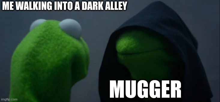why you should stay in the light | ME WALKING INTO A DARK ALLEY; MUGGER | image tagged in memes,evil kermit | made w/ Imgflip meme maker