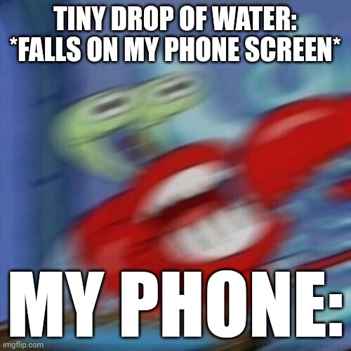 Image Title | TINY DROP OF WATER: *FALLS ON MY PHONE SCREEN*; MY PHONE: | image tagged in mr krabs blur,relatable,phone,water | made w/ Imgflip meme maker