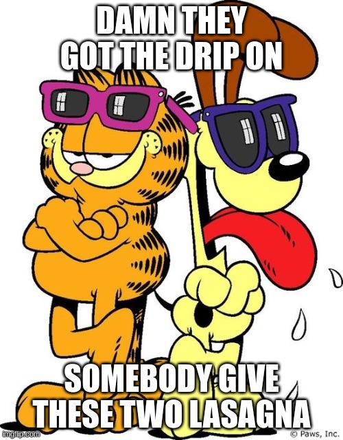 drippy garfield and odie | DAMN THEY GOT THE DRIP ON; SOMEBODY GIVE THESE TWO LASAGNA | image tagged in garfield and odie | made w/ Imgflip meme maker