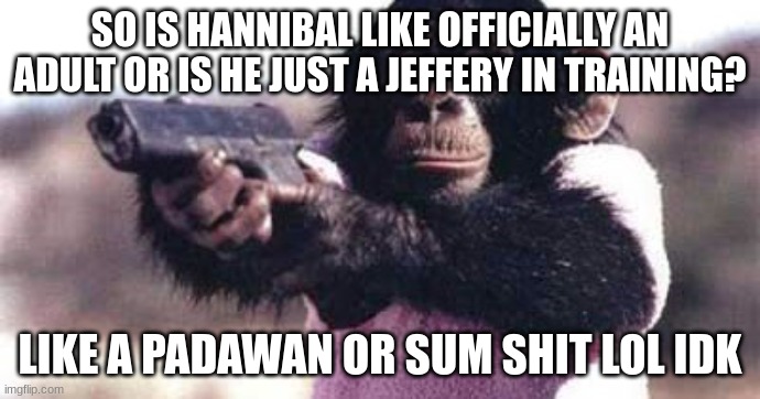 monkey crashout | SO IS HANNIBAL LIKE OFFICIALLY AN ADULT OR IS HE JUST A JEFFERY IN TRAINING? LIKE A PADAWAN OR SUM SHIT LOL IDK | image tagged in monkey crashout | made w/ Imgflip meme maker