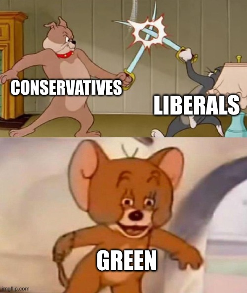 canada | CONSERVATIVES; LIBERALS; GREEN | image tagged in tom and jerry swordfight | made w/ Imgflip meme maker