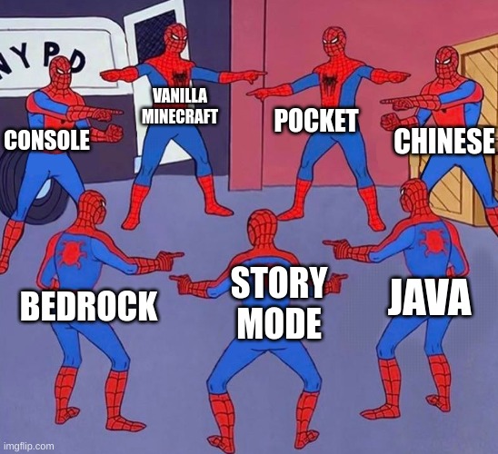 the versions | POCKET; VANILLA MINECRAFT; CHINESE; CONSOLE; JAVA; STORY MODE; BEDROCK | image tagged in same spider man 7 | made w/ Imgflip meme maker