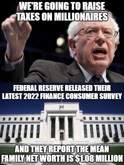 WE'RE GOING TO RAISE TAXES ON MILLIONAIRES; FEDERAL RESERVE RELEASED THEIR LATEST 2022 FINANCE CONSUMER SURVEY; AND THEY REPORT THE MEAN FAMILY NET WORTH IS $1.08 MILLION | image tagged in bernie sanders,federal reserve building | made w/ Imgflip meme maker