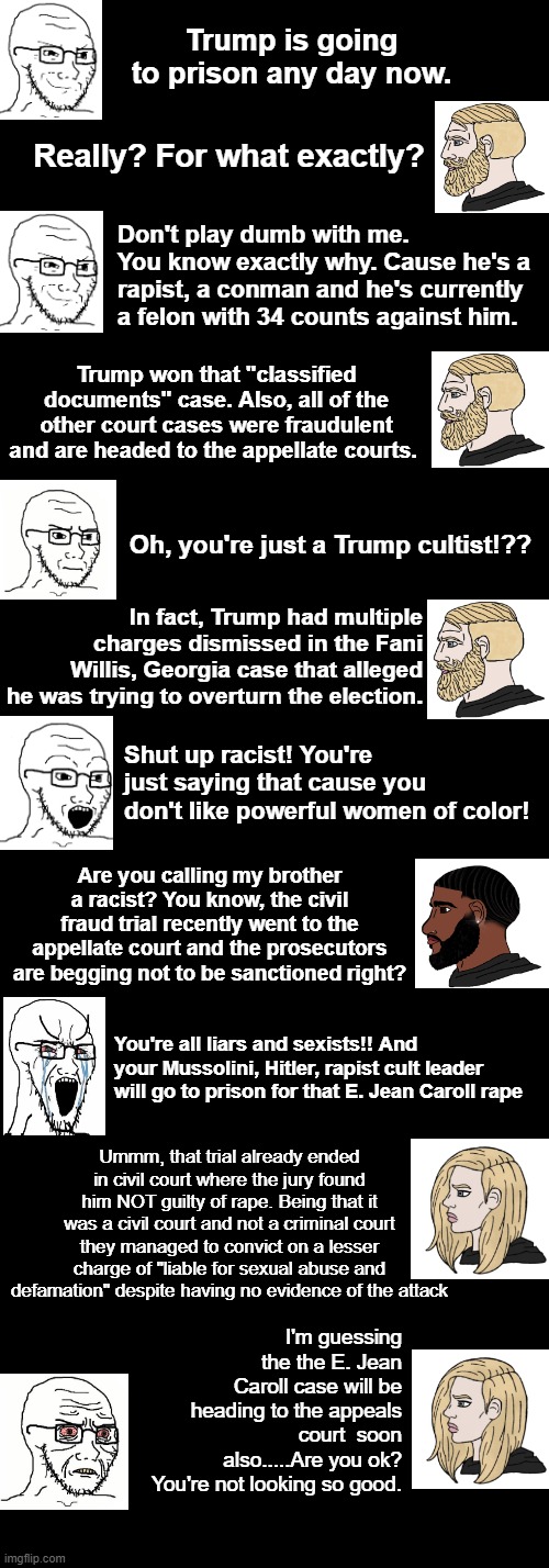 TDS sufferer faces a series of based and informed voters | Trump is going to prison any day now. Really? For what exactly? Don't play dumb with me. You know exactly why. Cause he's a rapist, a conman and he's currently a felon with 34 counts against him. Trump won that "classified documents" case. Also, all of the other court cases were fraudulent and are headed to the appellate courts. Oh, you're just a Trump cultist!?? In fact, Trump had multiple charges dismissed in the Fani Willis, Georgia case that alleged he was trying to overturn the election. Shut up racist! You're just saying that cause you don't like powerful women of color! Are you calling my brother a racist? You know, the civil fraud trial recently went to the appellate court and the prosecutors are begging not to be sanctioned right? You're all liars and sexists!! And your Mussolini, Hitler, rapist cult leader will go to prison for that E. Jean Caroll rape; Ummm, that trial already ended in civil court where the jury found him NOT guilty of rape. Being that it was a civil court and not a criminal court they managed to convict on a lesser charge of "liable for sexual abuse and defamation" despite having no evidence of the attack; I'm guessing the the E. Jean Caroll case will be heading to the appeals court  soon also.....Are you ok? You're not looking so good. | image tagged in long and black 700 x 2000,trump trials,trump rape allegations,hush money,civil fraud case,classified documents | made w/ Imgflip meme maker