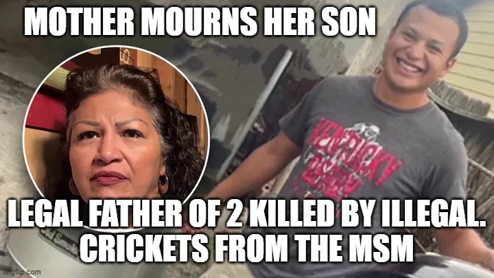 Legal Killed by Illegal | MOTHER MOURNS HER SON; LEGAL FATHER OF 2 KILLED BY ILLEGAL.
CRICKETS FROM THE MSM | image tagged in legal killed by illegal | made w/ Imgflip meme maker