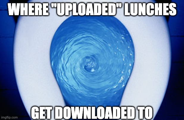 When it comes out the other side... | WHERE "UPLOADED" LUNCHES; GET DOWNLOADED TO | image tagged in toilet flushing | made w/ Imgflip meme maker