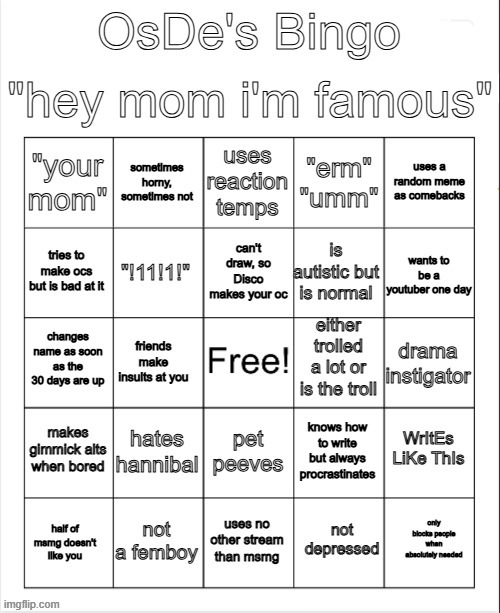 OsDe's Bingo | image tagged in osde's bingo | made w/ Imgflip meme maker