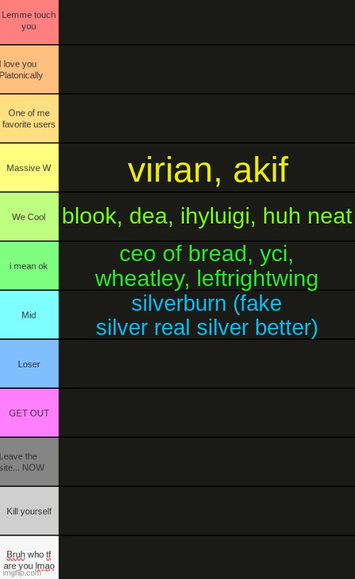 Ultimate Tierlist (made by republic of Texas) | virian, akif; blook, dea, ihyluigi, huh neat; ceo of bread, yci, wheatley, leftrightwing; silverburn (fake silver real silver better) | image tagged in ultimate tierlist made by republic of texas | made w/ Imgflip meme maker