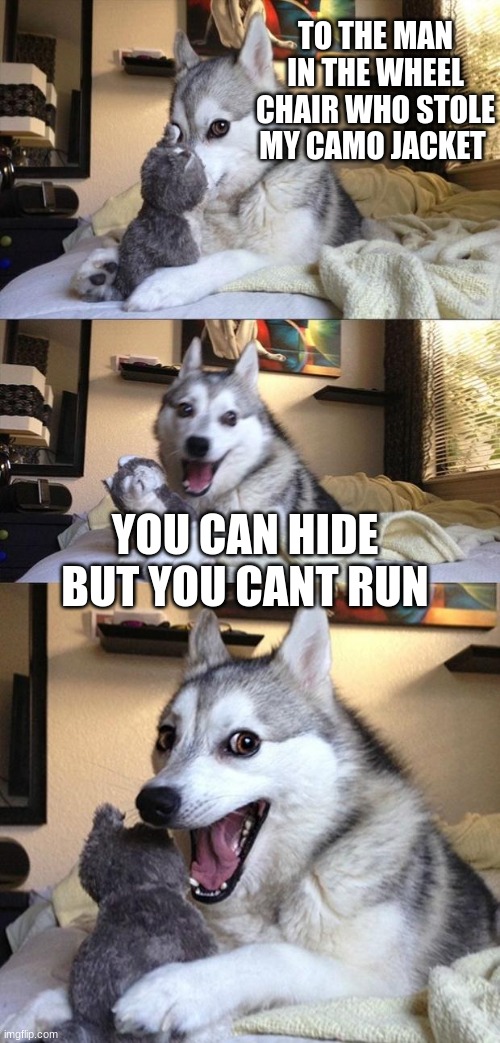 Dark dad joke | TO THE MAN IN THE WHEEL CHAIR WHO STOLE MY CAMO JACKET; YOU CAN HIDE BUT YOU CANT RUN | image tagged in bad joke dog,dad joke dog,dad joke,disability | made w/ Imgflip meme maker