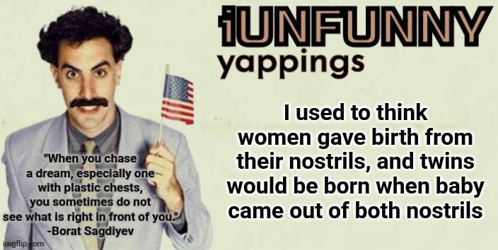 iUnFunny late 2024 template | I used to think women gave birth from their nostrils, and twins would be born when baby came out of both nostrils | image tagged in iunfunny late 2024 template | made w/ Imgflip meme maker