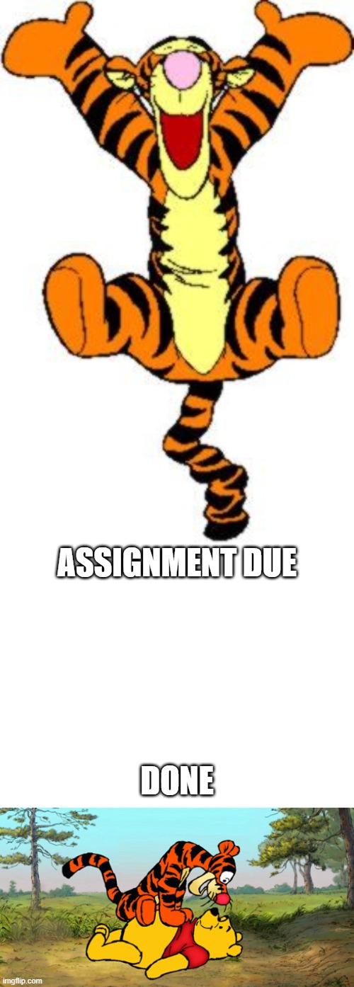 Assignment | ASSIGNMENT DUE; DONE | image tagged in tigger bouncing,tigger pounce | made w/ Imgflip meme maker