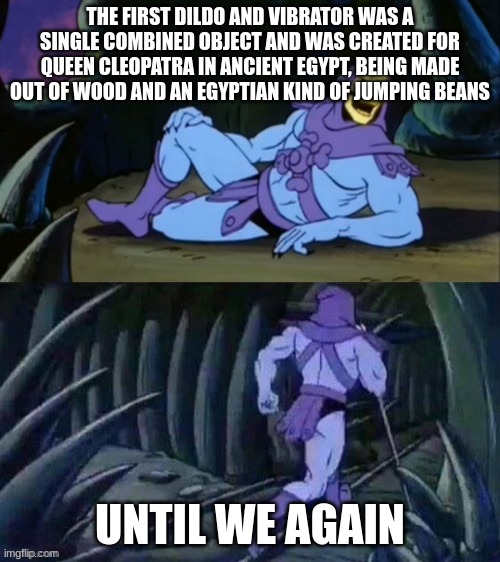 Skeletor disturbing facts | THE FIRST DILDO AND VIBRATOR WAS A SINGLE COMBINED OBJECT AND WAS CREATED FOR QUEEN CLEOPATRA IN ANCIENT EGYPT, BEING MADE OUT OF WOOD AND AN EGYPTIAN KIND OF JUMPING BEANS; UNTIL WE AGAIN | image tagged in skeletor disturbing facts | made w/ Imgflip meme maker