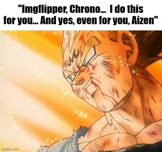 ts corny gng wtf am i even on rn | "Imgflipper, Chrono...  I do this for you... And yes, even for you, Aizen" | image tagged in vegeta final explosion | made w/ Imgflip meme maker