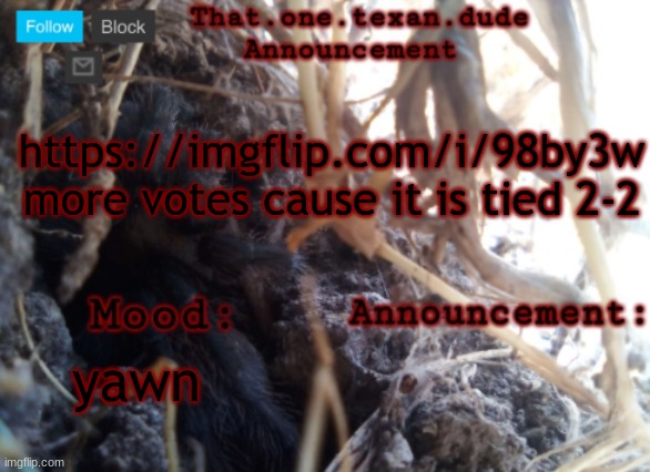 THE that.one.texan.dude announcement template | https://imgflip.com/i/98by3w
more votes cause it is tied 2-2; yawn | image tagged in the that one texan dude announcement template | made w/ Imgflip meme maker