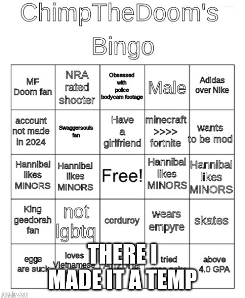 ChimpTheDoom bingo | THERE I MADE IT A TEMP | image tagged in chimpthedoom bingo | made w/ Imgflip meme maker