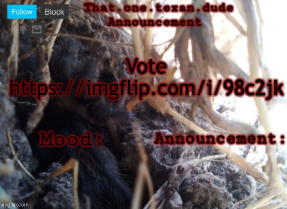 THE that.one.texan.dude announcement template | Vote
https://imgflip.com/i/98c2jk | image tagged in the that one texan dude announcement template | made w/ Imgflip meme maker