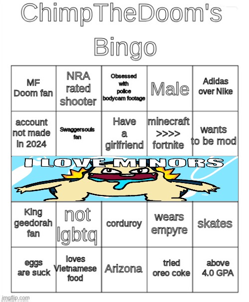 ChimpTheDoom bingo | image tagged in chimpthedoom bingo | made w/ Imgflip meme maker