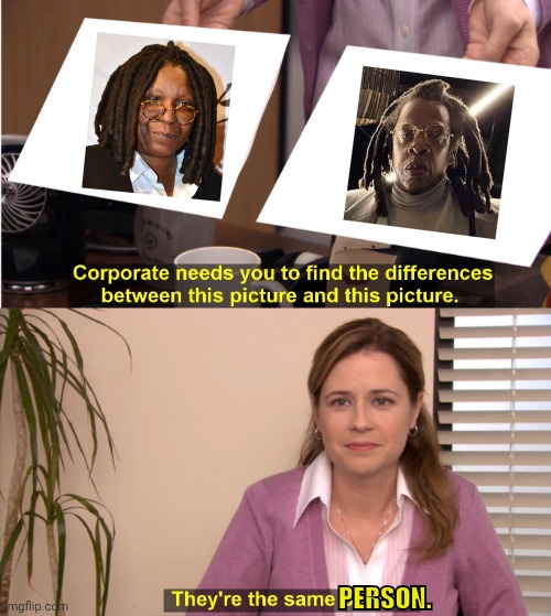 Whoopi Goldberg And Jay Z Are The Same Person | PERSON. | image tagged in memes,they're the same picture,jay z,whoopi goldberg,funny memes,office same picture | made w/ Imgflip meme maker