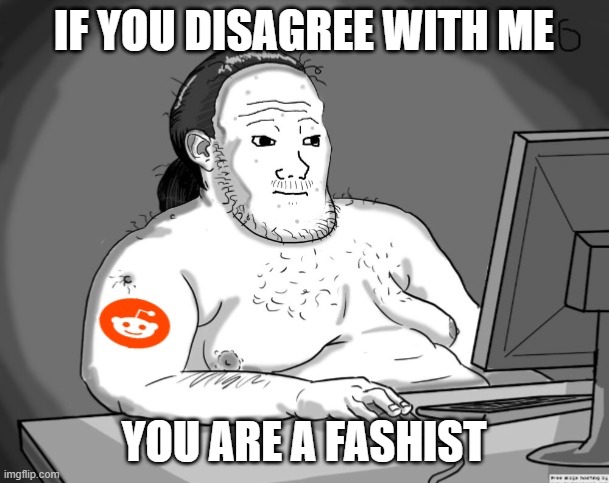 Average Redditor | IF YOU DISAGREE WITH ME YOU ARE A FASHIST | image tagged in average redditor | made w/ Imgflip meme maker