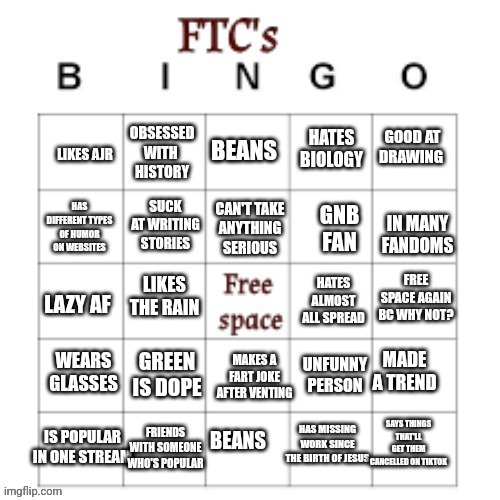I made a bingo card | image tagged in ftc's bingo card | made w/ Imgflip meme maker