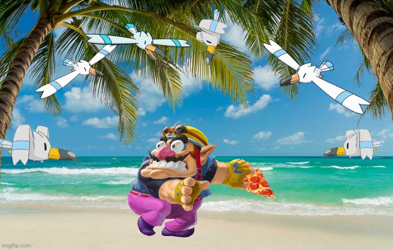 Wario dies from a flock of Wingulls while eating pizza.mp3 | image tagged in beach | made w/ Imgflip meme maker