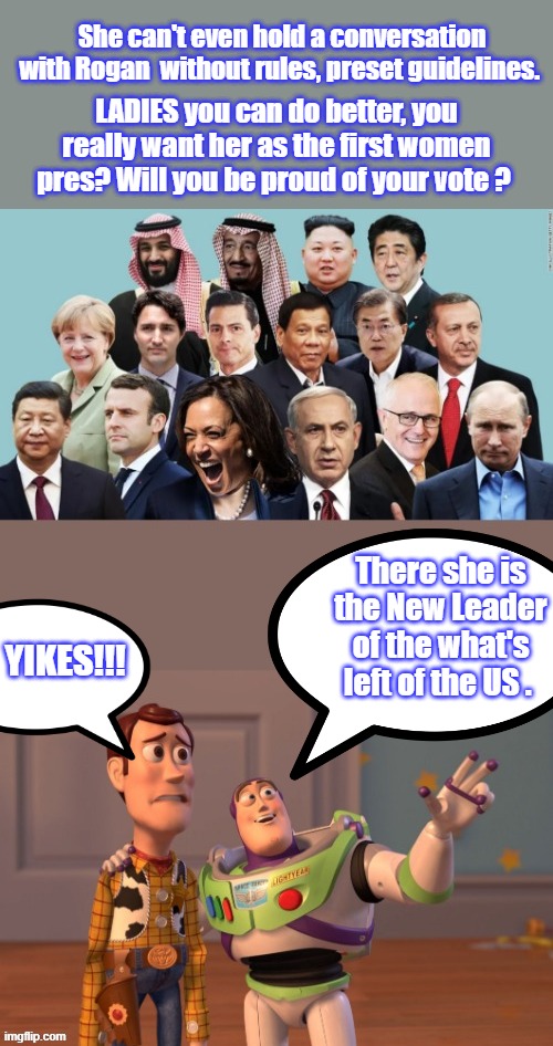 Shes not even a good actor. The other world leaders will destroy her. | She can't even hold a conversation with Rogan  without rules, preset guidelines. LADIES you can do better, you really want her as the first women pres? Will you be proud of your vote ? There she is the New Leader of the what's left of the US . YIKES!!! | made w/ Imgflip meme maker