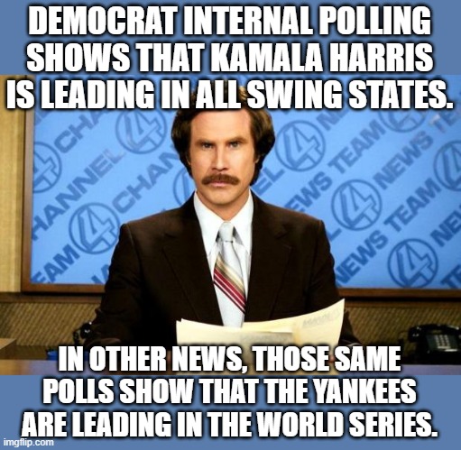 Don't get cocky... get out and vote!  Even if your state is red or blue.  Vote Trump so we win the meaningless Popular Vote too! | DEMOCRAT INTERNAL POLLING SHOWS THAT KAMALA HARRIS IS LEADING IN ALL SWING STATES. IN OTHER NEWS, THOSE SAME POLLS SHOW THAT THE YANKEES ARE LEADING IN THE WORLD SERIES. | image tagged in breaking news | made w/ Imgflip meme maker