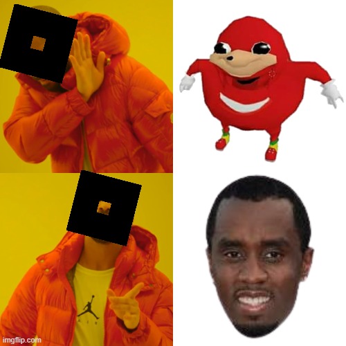 Roblox when it comes to "inappropriate items" | image tagged in memes,drake hotline bling,roblox,ugandan knuckles,diddy | made w/ Imgflip meme maker