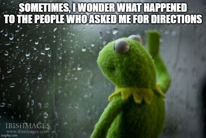 kermit window | SOMETIMES, I WONDER WHAT HAPPENED TO THE PEOPLE WHO ASKED ME FOR DIRECTIONS | image tagged in kermit window,memes,funny | made w/ Imgflip meme maker