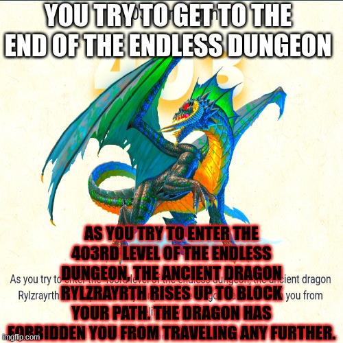 the endless dunggeon | YOU TRY TO GET TO THE END OF THE ENDLESS DUNGEON; AS YOU TRY TO ENTER THE 403RD LEVEL OF THE ENDLESS DUNGEON, THE ANCIENT DRAGON RYLZRAYRTH RISES UP TO BLOCK YOUR PATH. THE DRAGON HAS FORBIDDEN YOU FROM TRAVELING ANY FURTHER. | image tagged in funny,fail,hideous,no bad words | made w/ Imgflip meme maker