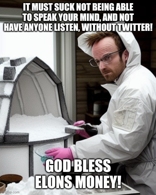 Snowcones | IT MUST SUCK NOT BEING ABLE TO SPEAK YOUR MIND, AND NOT HAVE ANYONE LISTEN, WITHOUT TWITTER! GOD BLESS ELONS MONEY! | image tagged in snowcones | made w/ Imgflip meme maker