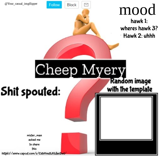 YCI Myery Temp | mister_man asked me to share this: https://www.capcut.com/s/CdbHnutLKLfax2wt/; hawk 1: wheres hawk 3?
Hawk 2: uhhh | image tagged in yci myery temp | made w/ Imgflip meme maker