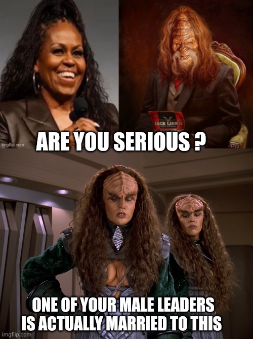 Michelle Obama meme | ARE YOU SERIOUS ? ONE OF YOUR MALE LEADERS IS ACTUALLY MARRIED TO THIS | image tagged in klingon | made w/ Imgflip meme maker