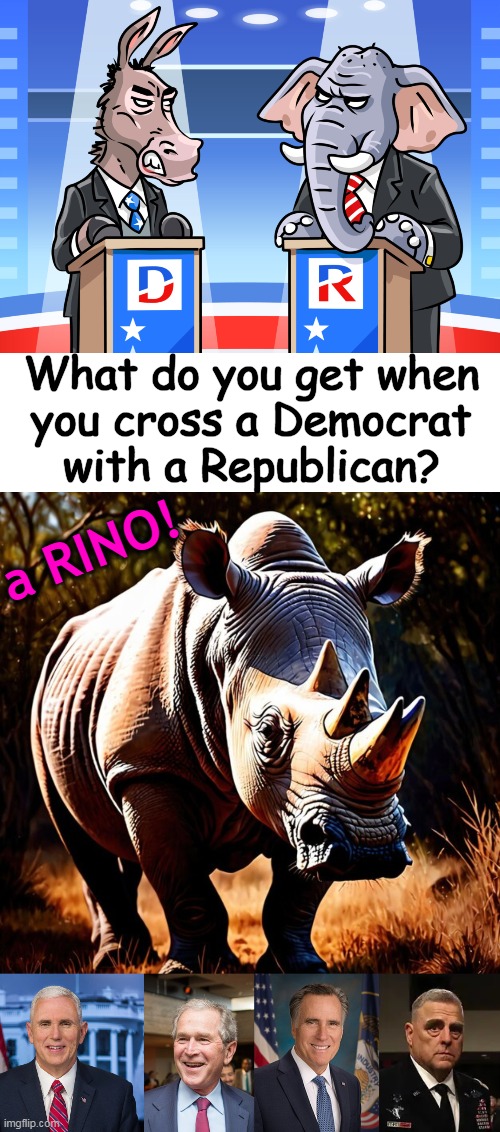 Hybrids like these are 'D'isgusting & 'R'epulsive | What do you get when 
you cross a Democrat 
with a Republican? a RINO! | image tagged in democrat republican,rinos,disgusting and repulsive,rino,hybrid,pick a side | made w/ Imgflip meme maker