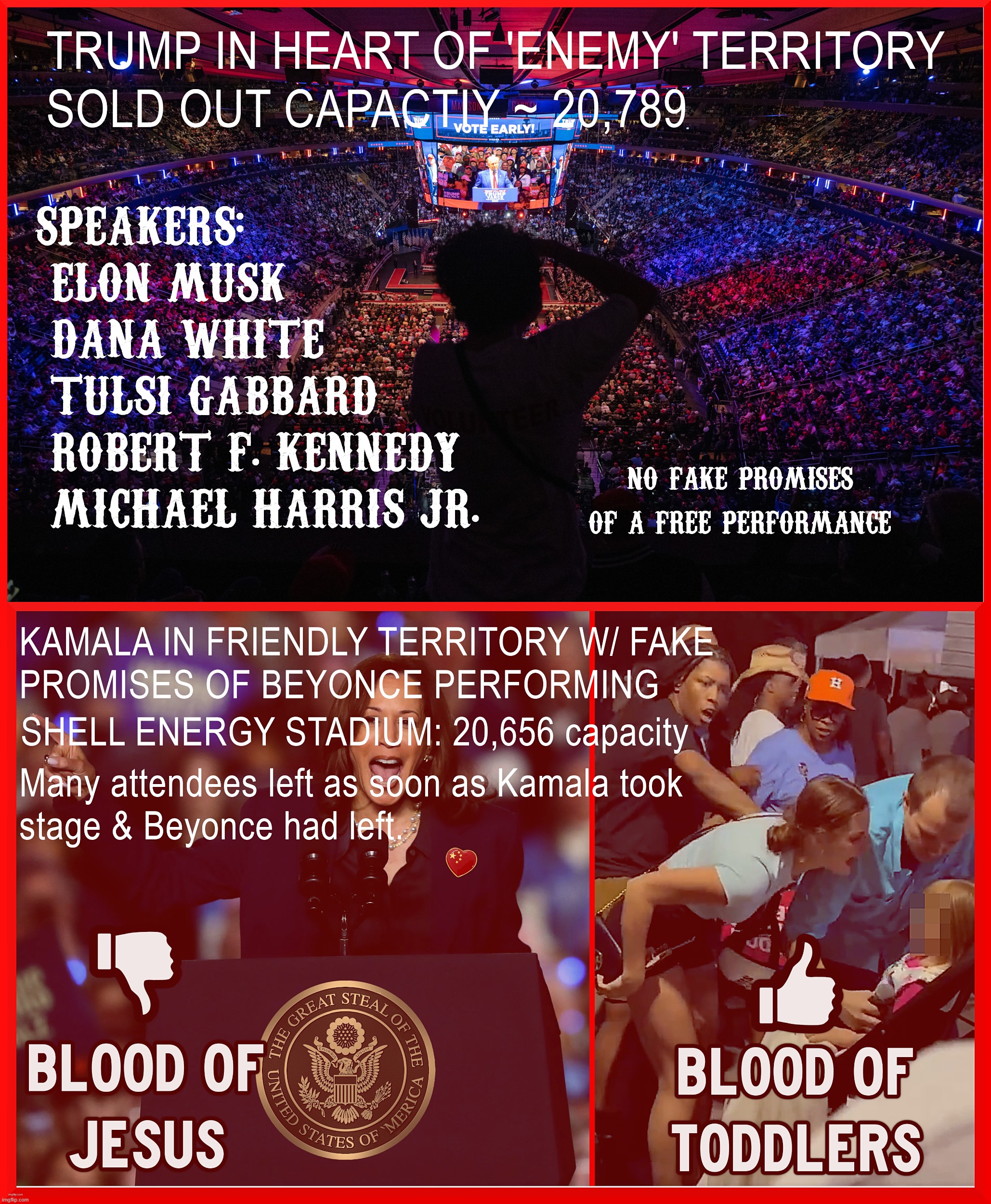 DUELING RALLIES ? NYC vs HOUSTON | image tagged in trump,kamala harris,beyonce,elon musk,tucker carlson,willie nelson | made w/ Imgflip meme maker