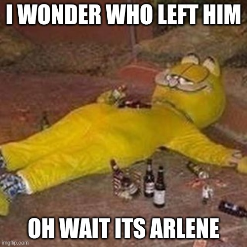 rip him | I WONDER WHO LEFT HIM; OH WAIT ITS ARLENE | image tagged in depressed garfield | made w/ Imgflip meme maker