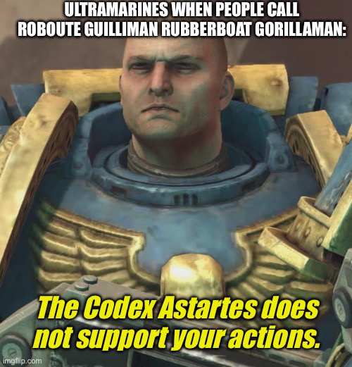 Leandros when something is not supported by the Codex Astartes: HERESYYYYYYYYY | ULTRAMARINES WHEN PEOPLE CALL ROBOUTE GUILLIMAN RUBBERBOAT GORILLAMAN:; The Codex Astartes does not support your actions. | image tagged in leandros | made w/ Imgflip meme maker